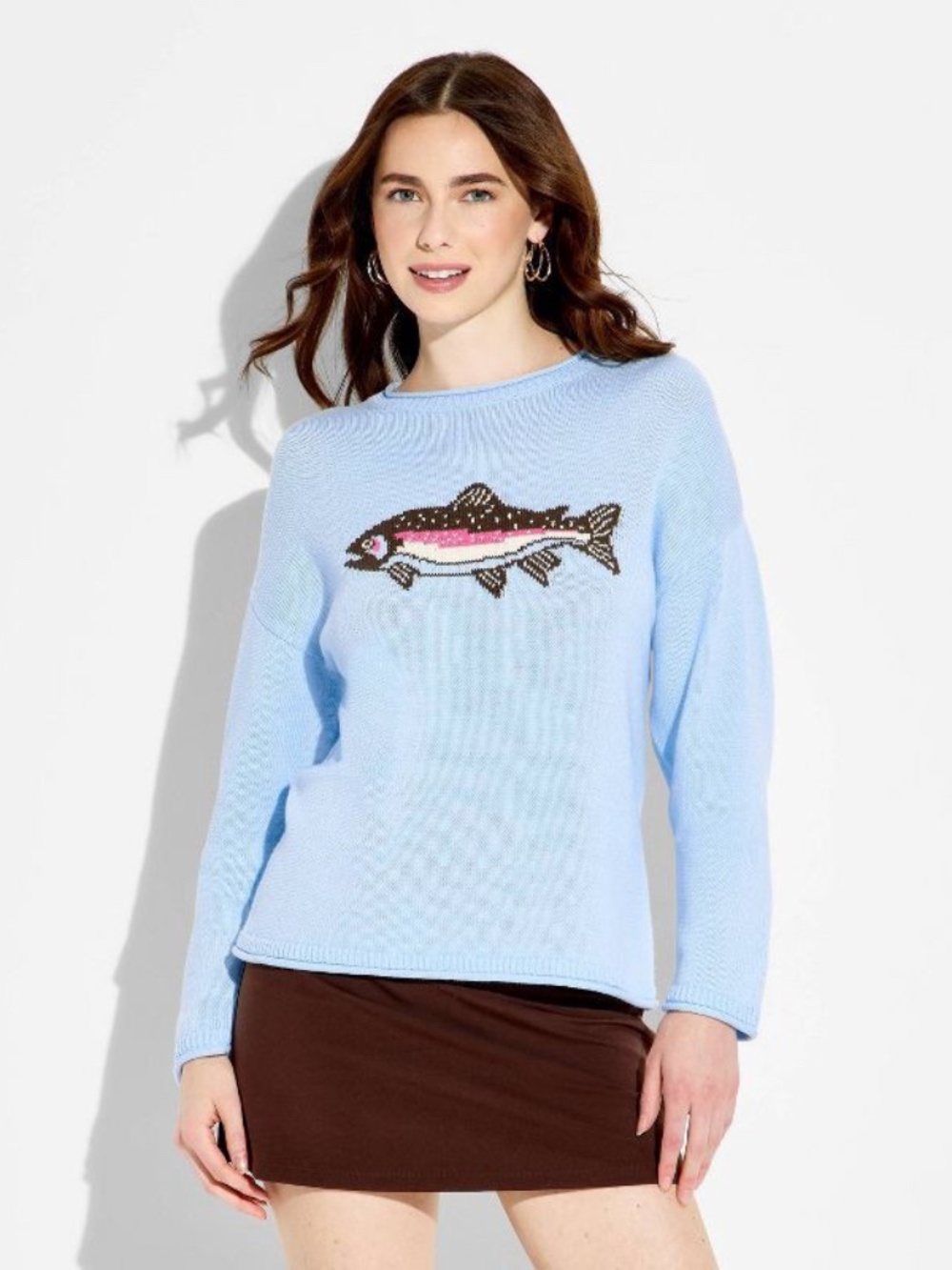 NWT Women's Novelty Crewneck Pullover Sweater - Wild Fable Light Blue Fish